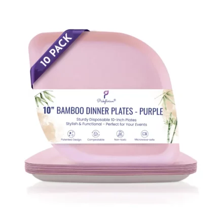 Purple bamboo dinner plates, 10-pack, compostable, non-toxic, microwave-safe, ideal for eco-friendly dining experiences.