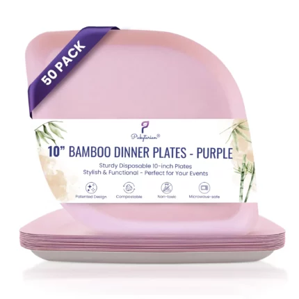 Eco-friendly, compostable, non-toxic bamboo plates; 10-inch, microwave-safe, perfect for sustainable dining.
