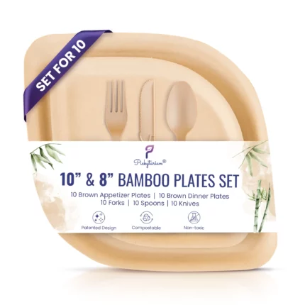 Eco-friendly bamboo plates set with 10 brown dinner, appetizer plates, utensils, compostable non-toxic labeled modern design.