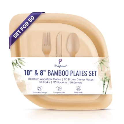 Set of 50 bamboo plates with cutlery in 10” and 8” sizes, eco-friendly compostable non-toxic.