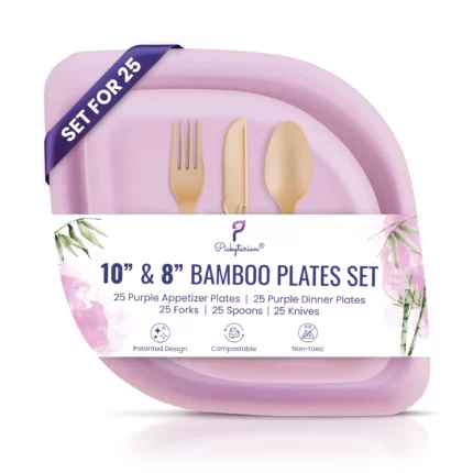 Purple bamboo dinnerware set for 25 including plates, forks, knives, spoons, eco-friendly compostable non-toxic packaging.