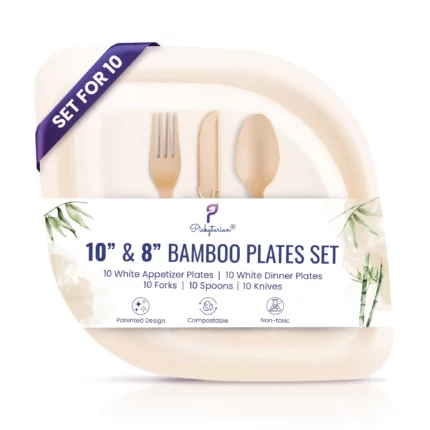 Set of bamboo plates for 10 with compostable white dinner, appetizer plates, matching utensils, eco-friendly non-toxic design.