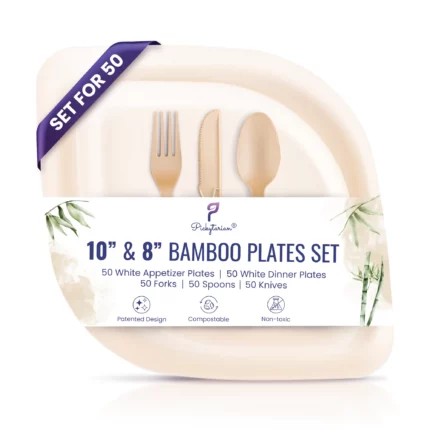 Set of bamboo plates and cutlery for 50, compostable non-toxic stylish design with 10” 8” plates.