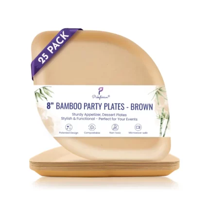 Eco-friendly 8-inch bamboo party plates, 25-pack, compostable, non-toxic, microwave-safe, perfect for practical use.