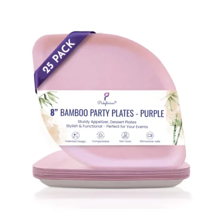 Purple bamboo party plates, 8-inch, pack of 25, compostable, non-toxic, microwave-safe, perfect for events.