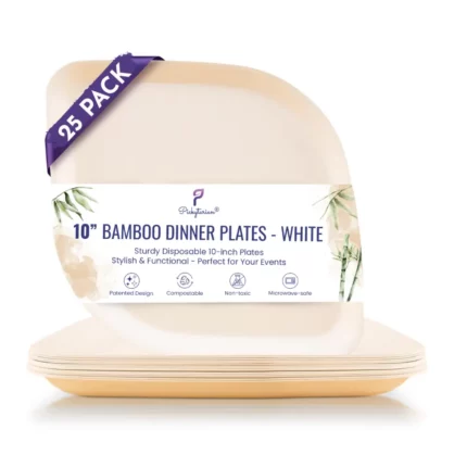 25 white bamboo plates, 10-inch, compostable, non-toxic, microwave-safe, with eco-friendly bamboo design.