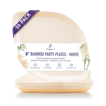 White bamboo party plates, 8-inch, sleek design, compostable, non-toxic, microwave-safe, ideal for events.