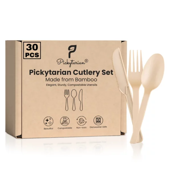 Beige bamboo cutlery set with eco-friendly icons. Sustainable, compostable, and perfect for everyday use.