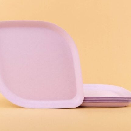 Pickytarian Purple Dinner Plates Stacked on Beige Background