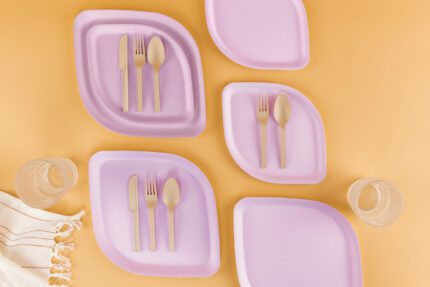 Pickytarian Purple Dinnerware Set on Beige Background