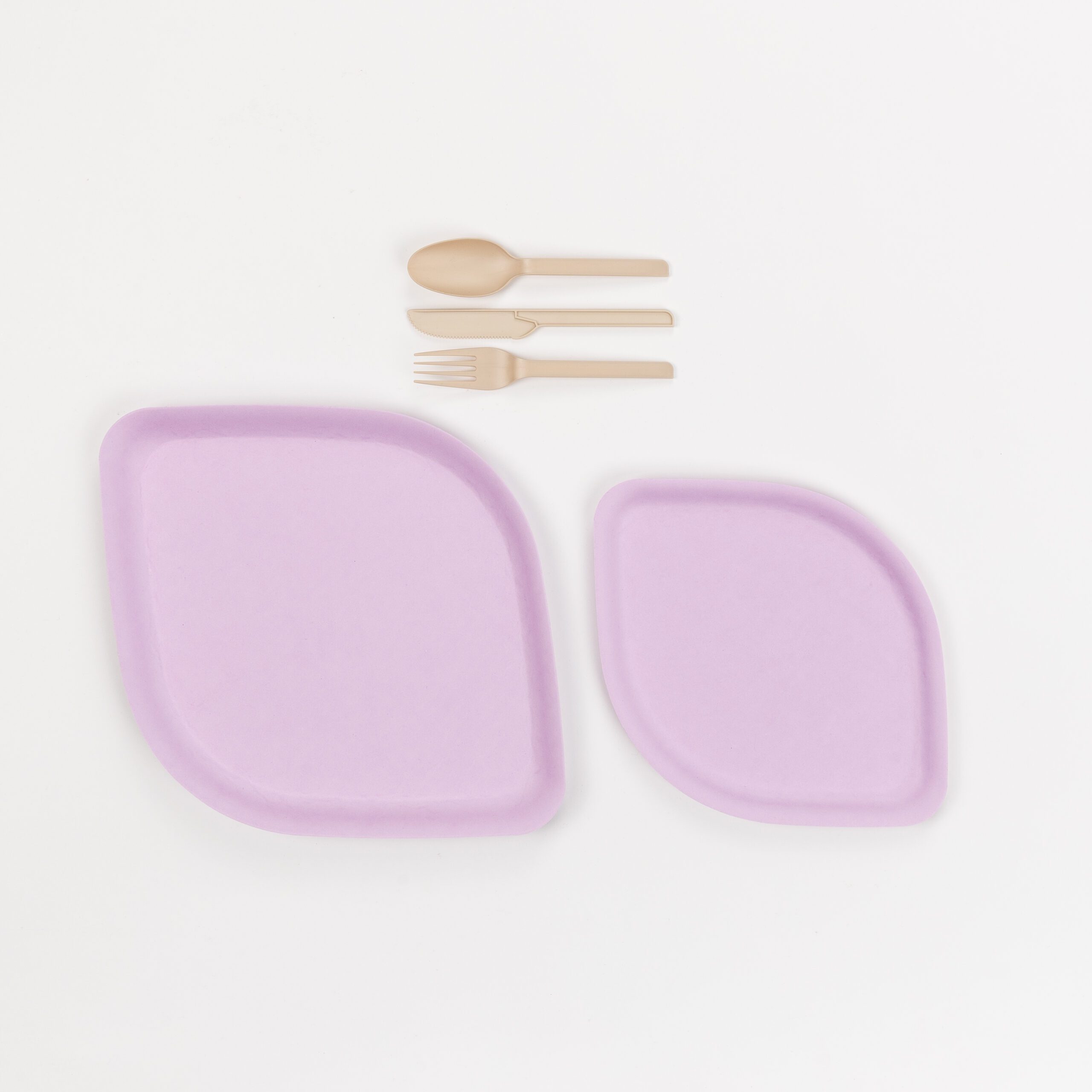 Pickytarian Dinner Plates (Purple) and Cutlery on a White-ish background.
