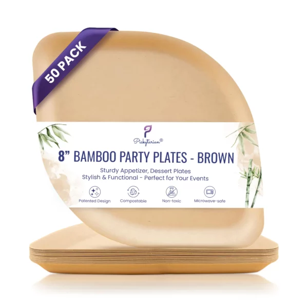 Brown bamboo party plates, stack of 50, compostable, non-toxic, microwave-safe, perfect for eco-friendly gatherings.