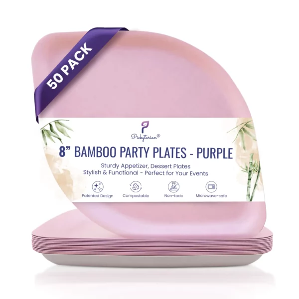 Purple bamboo party plates, 8-inch, compostable, non-toxic, microwave-safe, perfect for stylish, eco-friendly events.