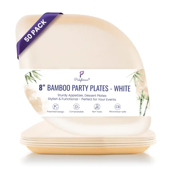 White bamboo plates, 8-inch, patented design, compostable, non-toxic, and microwave-safe for parties.