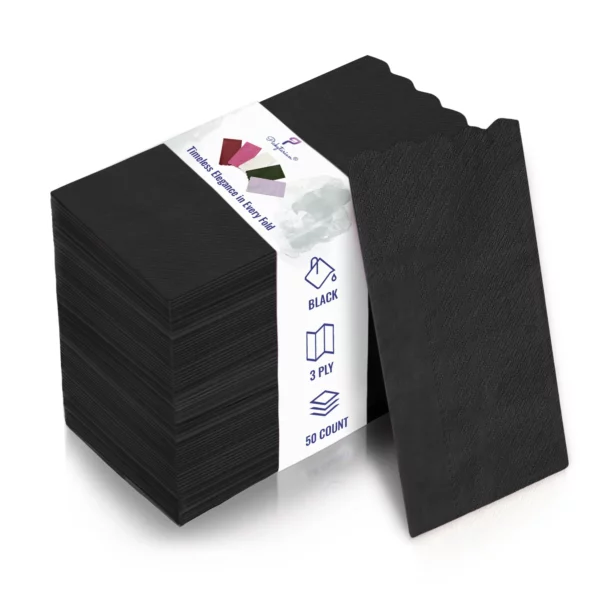 Black, 3-ply, 50 count napkins with scalloped edges. Stylish, durable, and perfect for any occasion.
