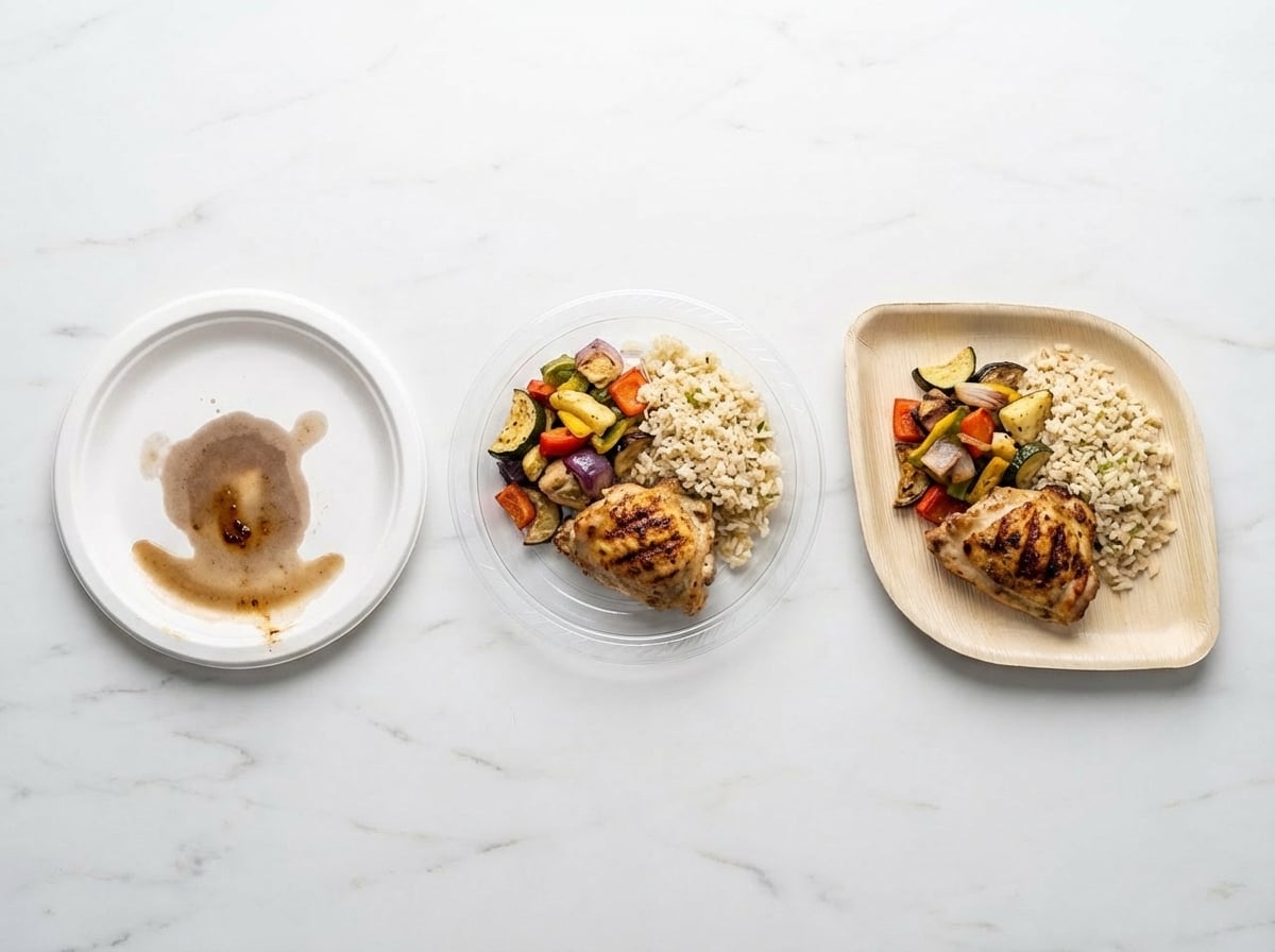 Side by side comparison of paper plate, plastic plate, and compostable bamboo plate with food