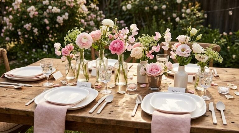 Garden party bridal shower table with white plates, blush napkins, and fresh flower arrangements
