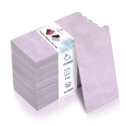 Stack of lavender 3-ply napkins, labeled “Timeless Elegance,” packaged with 50 delicate, sophisticated pieces.