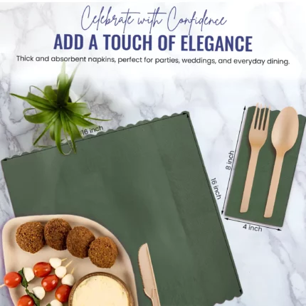 Elegant dining with dark green napkins, beige utensils, assorted appetizers on marble background, promoting elegance for events.
