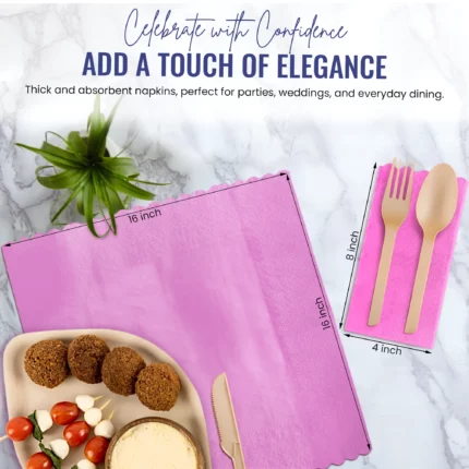 Pink napkin with fork, knife, spoon on marble surface beside plant, labeled 16x16 inches, highlighting elegance.
