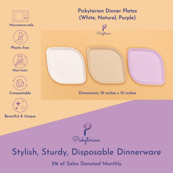 Pickytarian Dinner Plates - Stylish, Sturdy, Sustainable Tableware. Bamboo disposable plates, Ecofriendly plates, eco friendly disposable plates, compostable plates, biodegradable plates, high-end disposable plates, pretty plates, bamboo dinner plates, white party plates, purple party plates, brown party plates