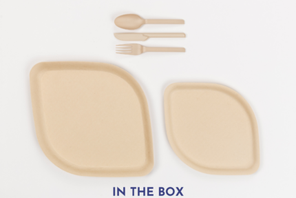 125 piece Natural Brown Compostable Tableware Set contains 25 Appetizer Plates 8-inch, 25 Dinner Plates 10-inch, 25 Forks, 25 Spoons, 25 Knives