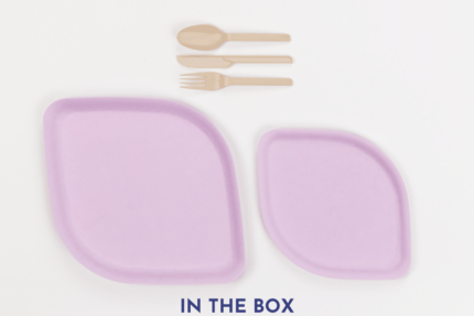 125 piece Purple Compostable Disposable Tableware Set for 25 people. Contains 25 disposable appetizer plates, 25 disposable dinner plates, 25 disposable forks, 25 disposable spoons, 25 disposable knives